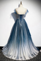 Blue Tulle Beading Long A-Line Formal Prom Dress, Scoop Neckline Evening Dress