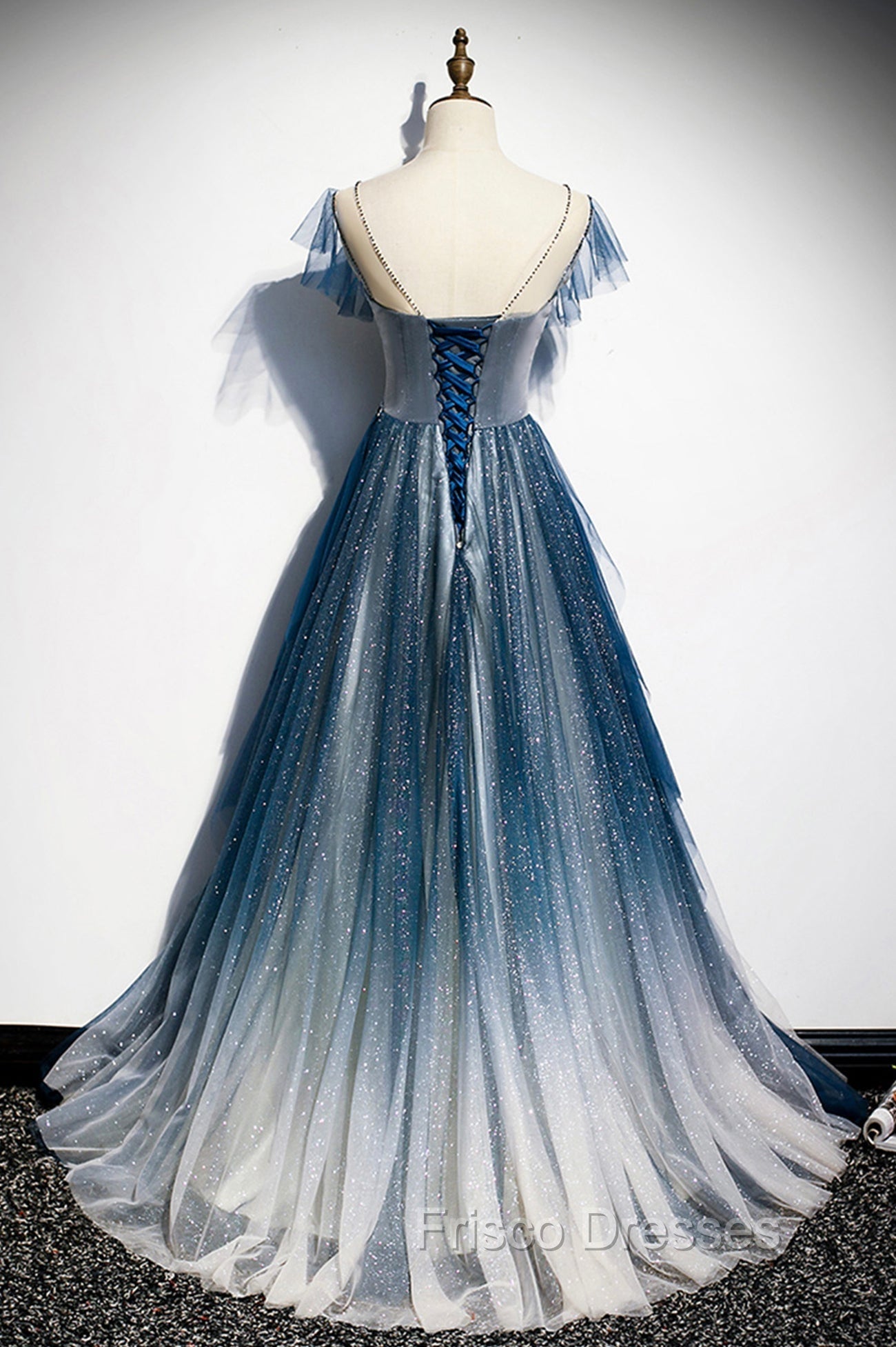 Blue Tulle Beading Long A-Line Formal Prom Dress, Scoop Neckline Evening Dress