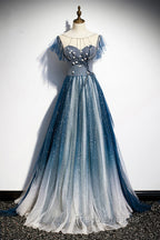 Blue Tulle Beading Long A-Line Formal Prom Dress, Scoop Neckline Evening Dress