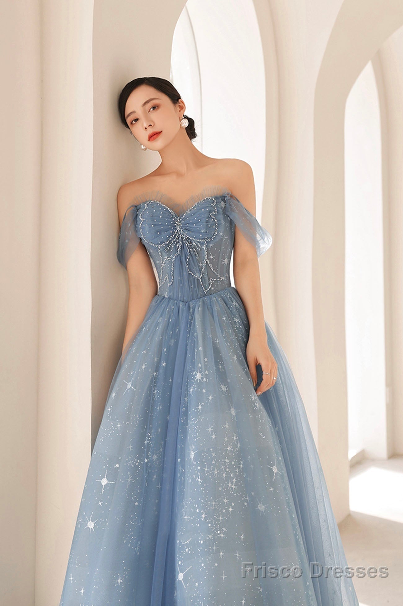 Blue Tulle Beading Long Prom Dress, A-Line Blue Formal Dress Secondary image
