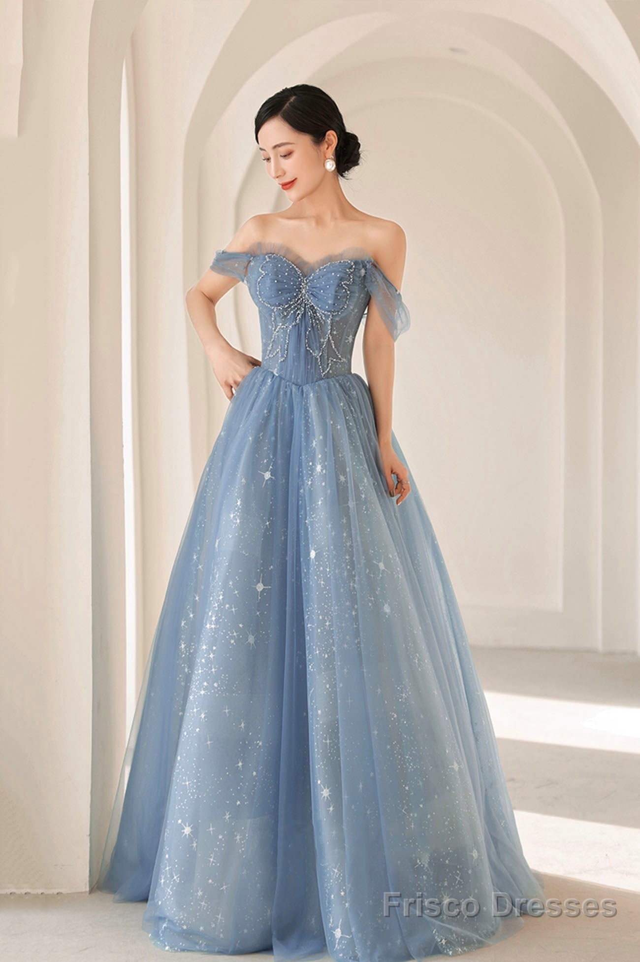 Blue Tulle Beading Long Prom Dress, A-Line Blue Formal Dress Main image