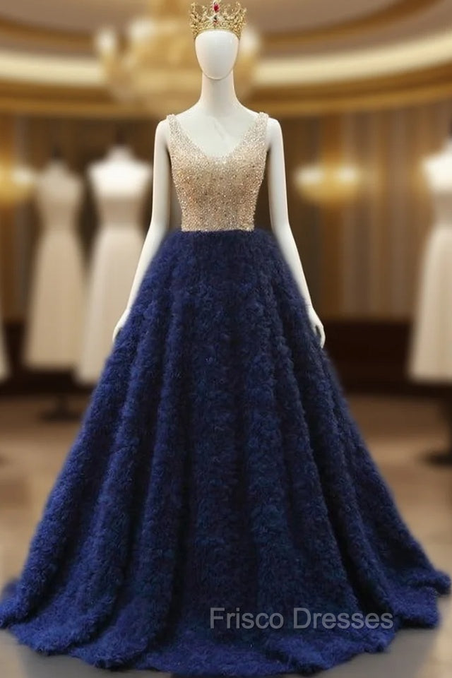 Blue Tulle Beading V-neck Formal Prom Dress Main image