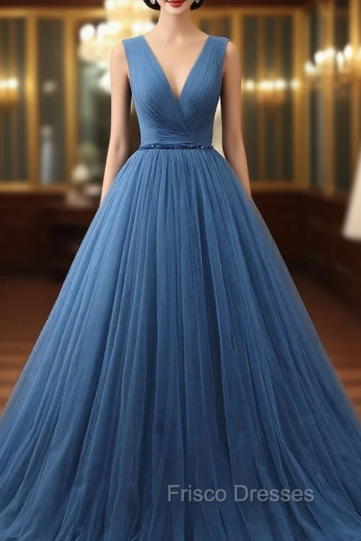Blue Tulle Deep V-neck Pleats Beading Formal Prom Dress