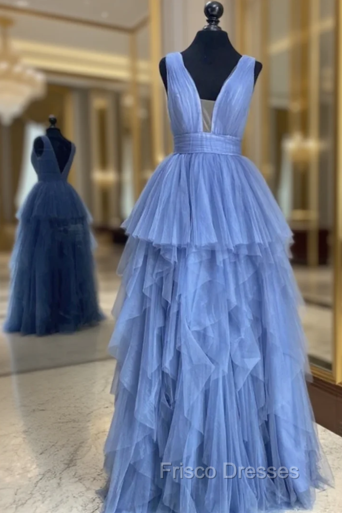 Blue Tulle Deep V-neck Pleats Formal Prom Dress