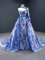 Blue Tulle Embroidery High Neck Long Sleeve Backless Prom Dress
