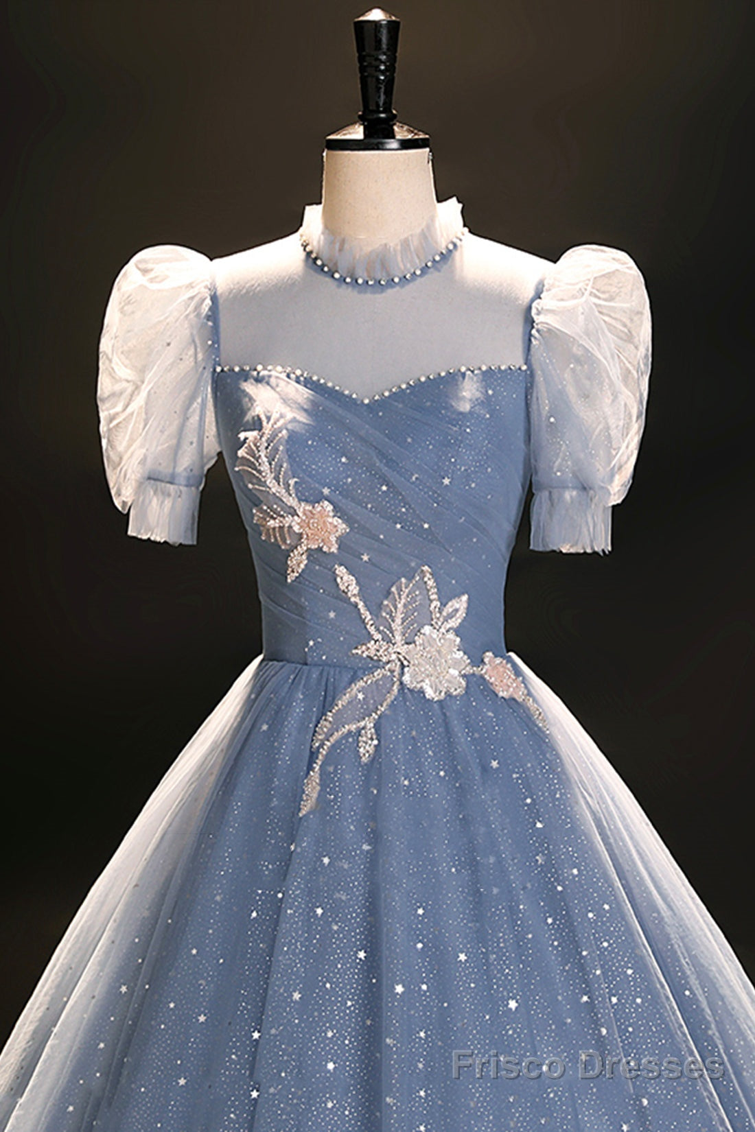 Blue Tulle Floor Length Prom Dress, A-Line Short Sleeve Evening Dress Secondary image