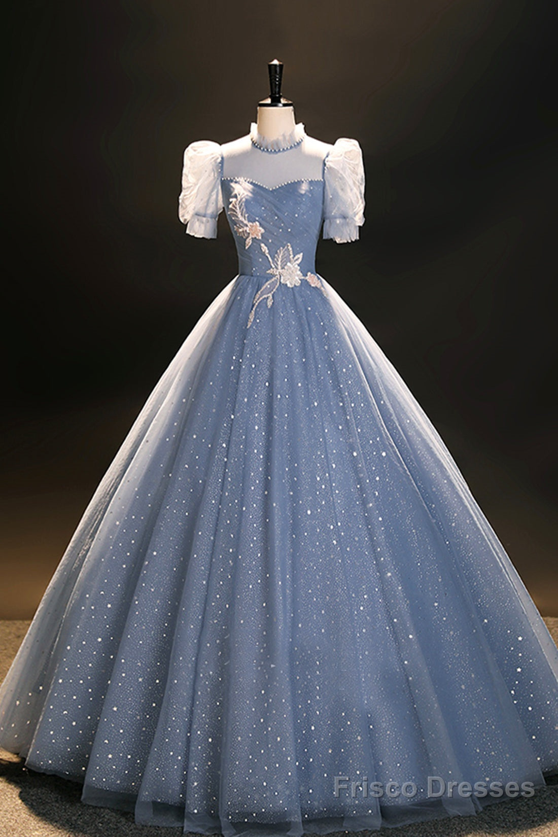 Blue Tulle Floor Length Prom Dress, A-Line Short Sleeve Evening Dress Main image