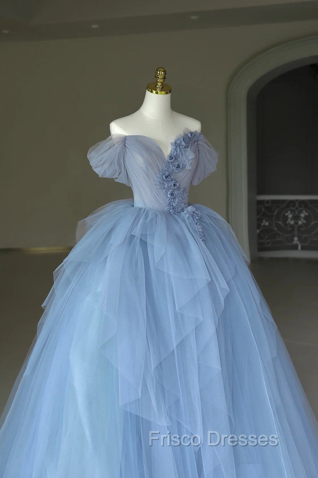 Blue Tulle Floor Length Formal Prom Dress, Off the Shoulder Evening Dress with 3D Flowers