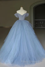 Blue Tulle Floor Length Formal Prom Dress, Off the Shoulder Evening Dress with 3D Flowers