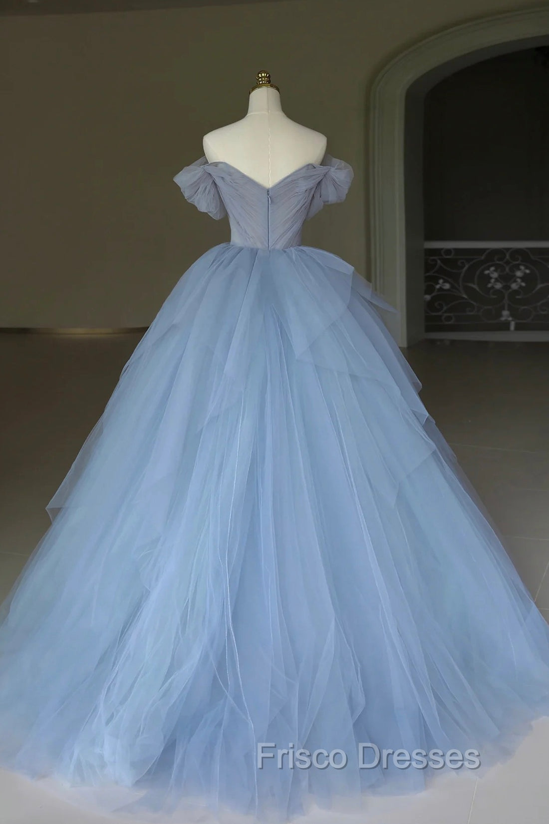 Blue Tulle Floor Length Formal Prom Dress, Off the Shoulder Evening Dress with 3D Flowers
