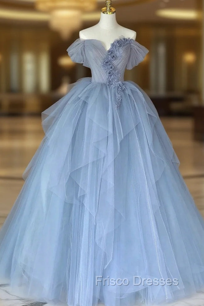 Blue Tulle Floor Length Formal Prom Dress, Off the Shoulder Evening Dress with 3D Flowers