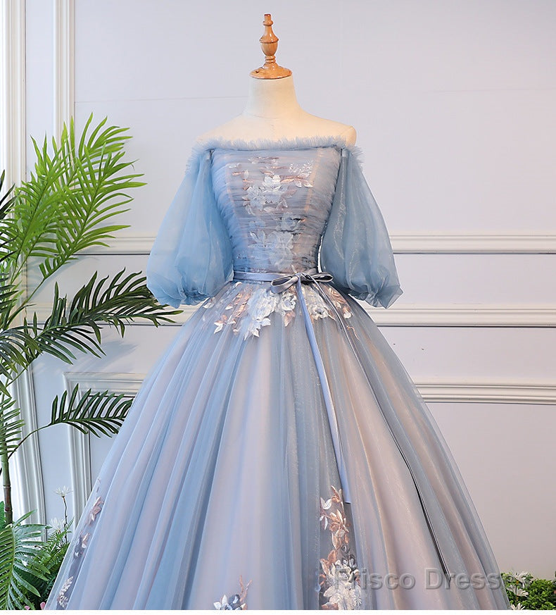 Blue Tulle Floral Off Shoulder Princess Formal Dress, Blue Sweet 16 Dress, Prom Dress Secondary image