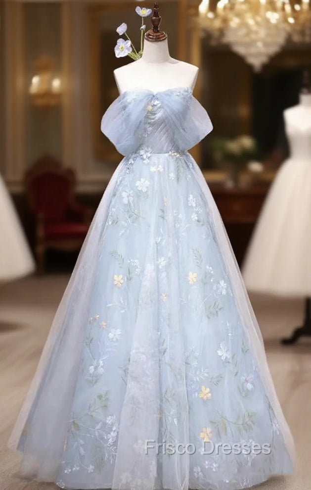 Blue Tulle Flower Off the Shoulder Formal Prom Dress Main image