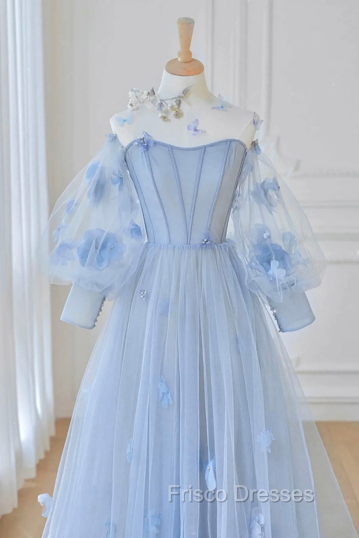 Blue Tulle Flowers Long Formal Prom Dress, Lovely A-Line Puff Sleeve Evening Dress