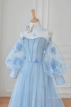 Blue Tulle Flowers Long Formal Prom Dress, Lovely A-Line Puff Sleeve Evening Dress