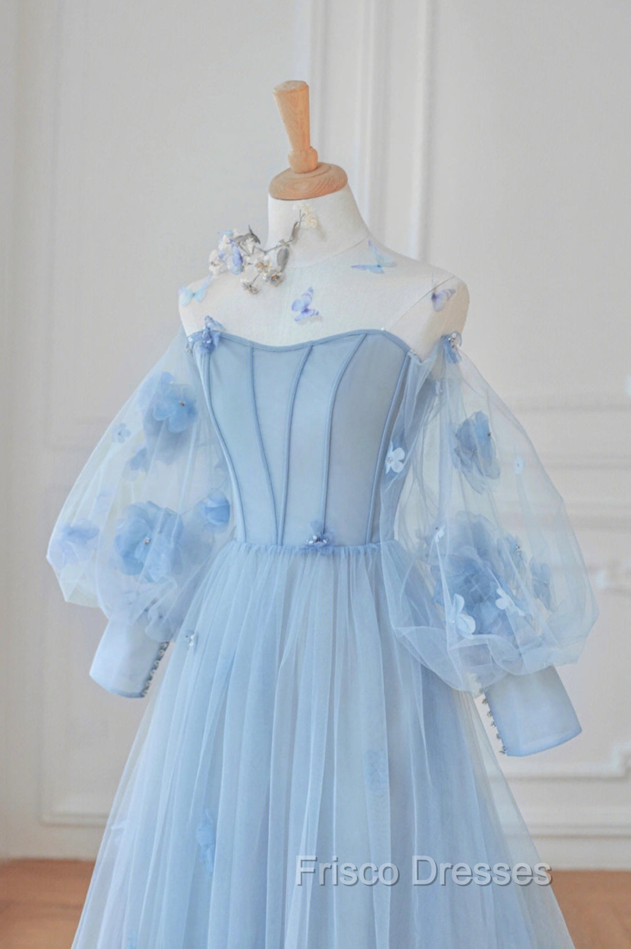 Blue Tulle Flowers Long Formal Prom Dress, Lovely A-Line Puff Sleeve Evening Dress