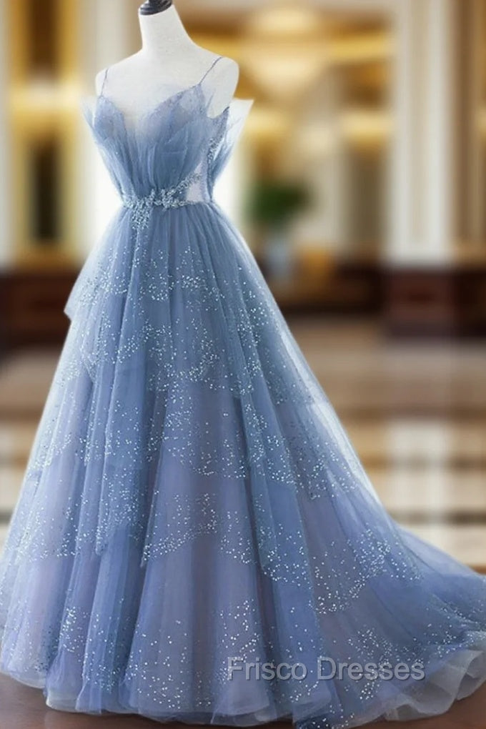 Blue Tulle Gorgeous V Neck Long Formal Prom Dress, A-line Tulle Formal Evening Dress Main image