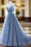 Blue Tulle Gorgeous V Neck Long Formal Prom Dress, A-line Tulle Formal Evening Dress
