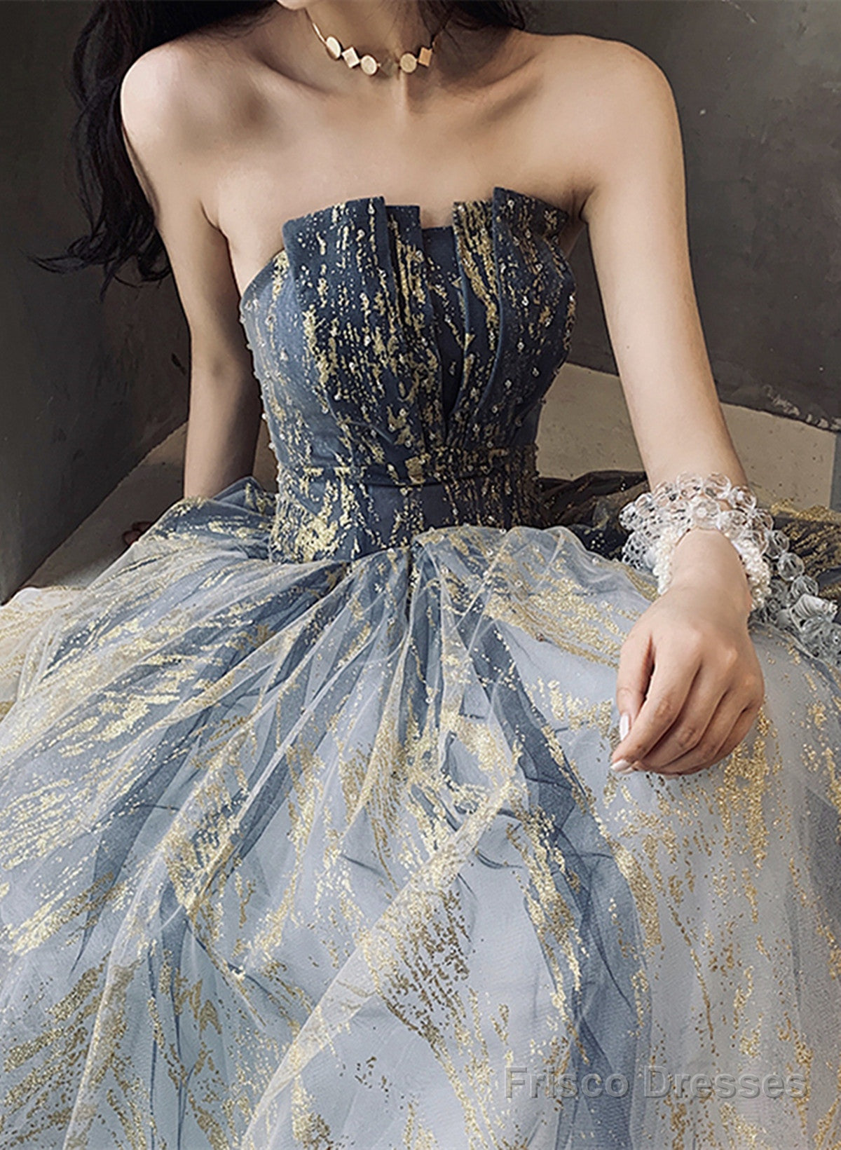 Blue Tulle Gradient A-Line Long Formal Dress, Blue A Line Prom Dress Main image