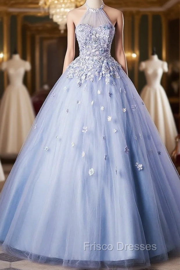 Blue Tulle Halter Flower Quinceanera Dress Main image