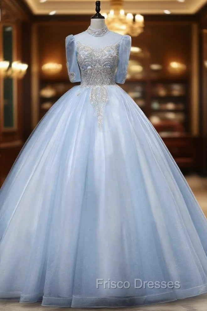 Blue Tulle High Neck Short Sleeve Beading Quinceanera Dress Main image