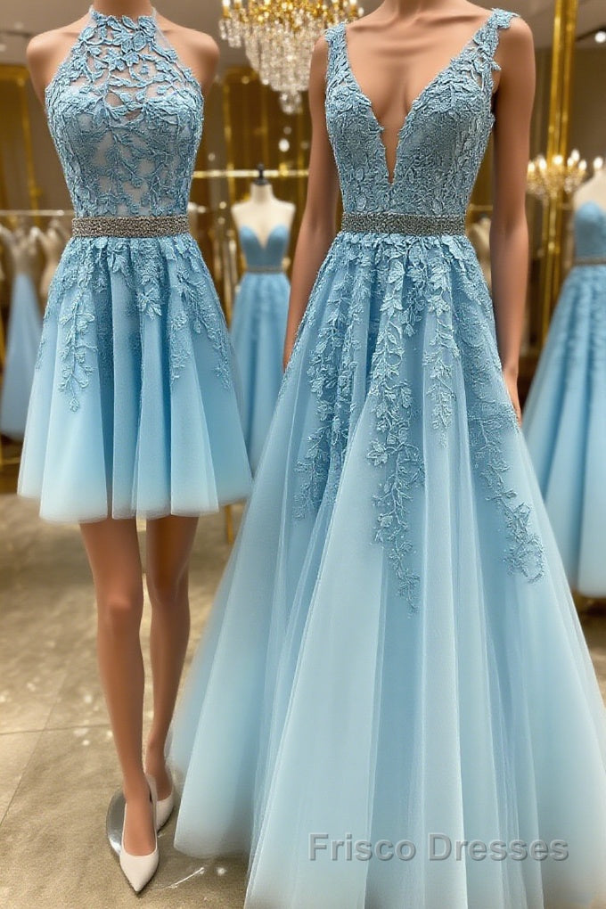 Blue tulle lace A line Formal Prom Dresses blue lace tulle formal Dresses Main image