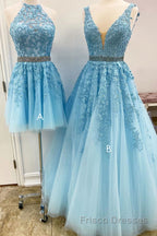 Blue tulle lace A line Formal Prom Dresses blue lace tulle formal Dresses