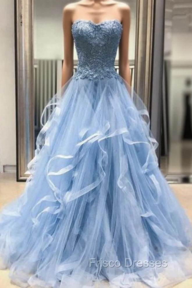 Blue Tulle Lace Appliques Sweetheart Layered Long Formal Prom Dress Main image