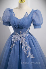 Blue Tulle Lace Floor Length Formal Prom Dress, Blue Short Sleeve Evening Dress