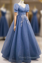 Blue Tulle Lace Floor Length Formal Prom Dress, Blue Short Sleeve Evening Dress