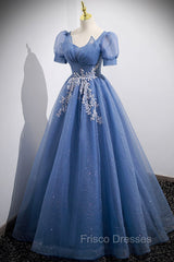 Blue Tulle Lace Floor Length Formal Prom Dress, Blue Short Sleeve Evening Dress