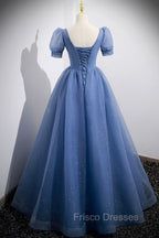 Blue Tulle Lace Floor Length Formal Prom Dress, Blue Short Sleeve Evening Dress