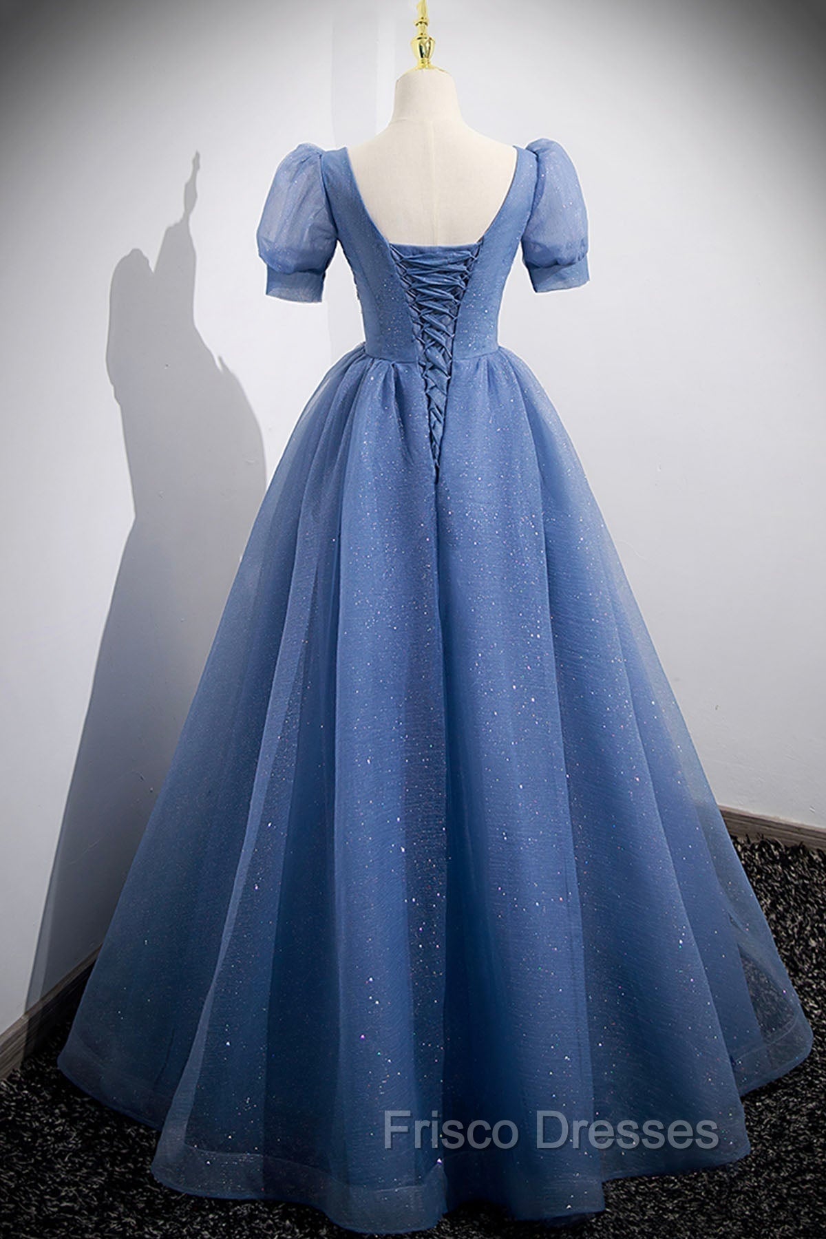 Blue Tulle Lace Floor Length Formal Prom Dress, Blue Short Sleeve Evening Dress