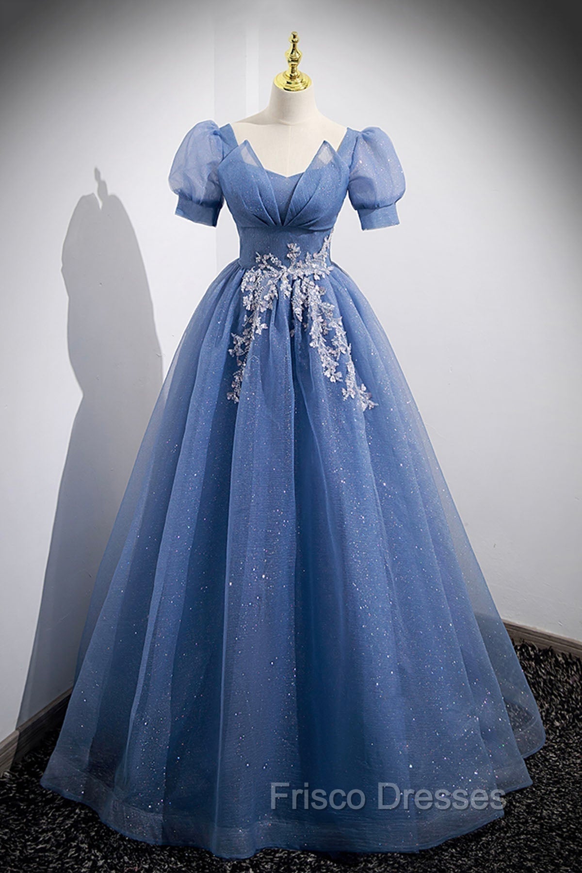 Blue Tulle Lace Floor Length Formal Prom Dress, Blue Short Sleeve Evening Dress