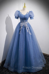 Blue Tulle Lace Floor Length Formal Prom Dress, Blue Short Sleeve Evening Dress