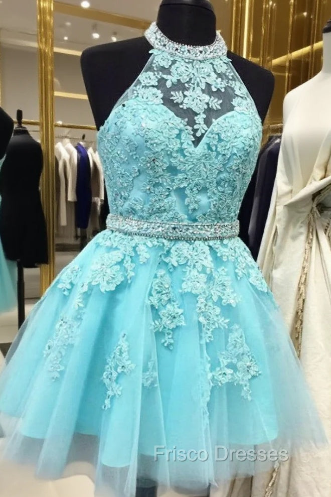Blue Tulle Lace Halter Backless Homecoming Dress