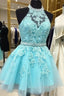 Blue Tulle Lace Halter Backless Homecoming Dress