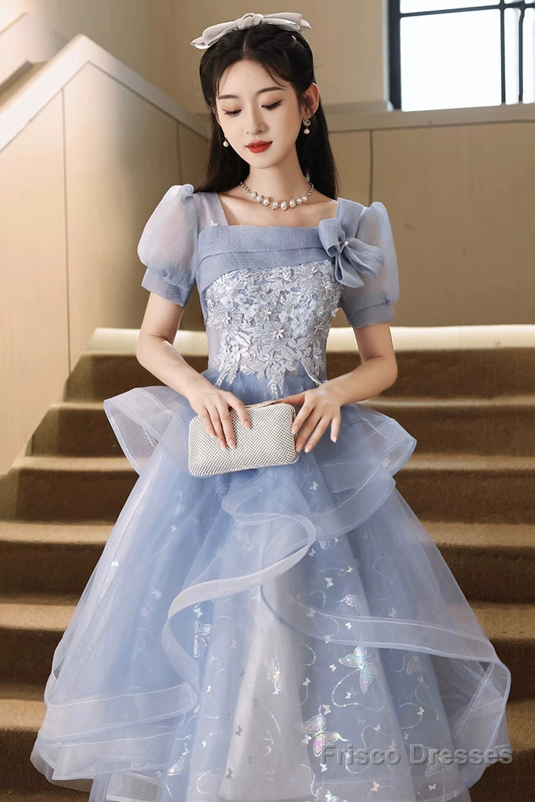 Blue Tulle Lace Knee Length Prom Dress, Cute Short Sleeve Evening Party Dress