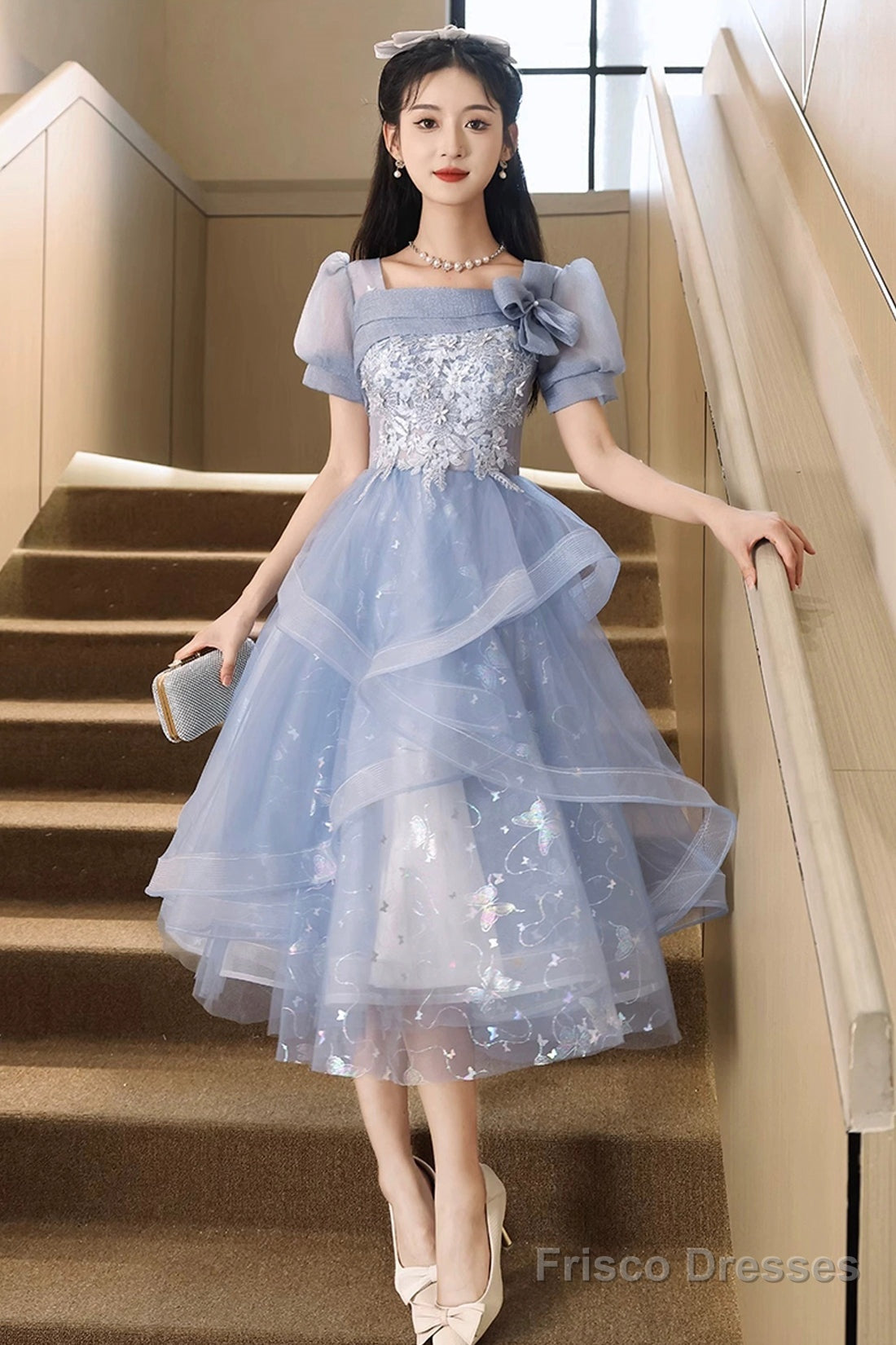 Blue Tulle Lace Knee Length Prom Dress, Cute Short Sleeve Evening Party Dress Main image