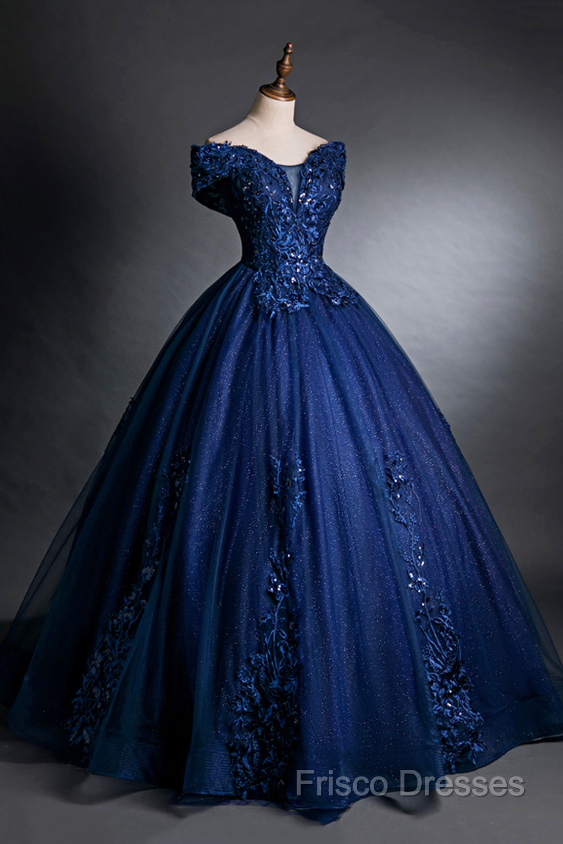 Blue Tulle Lace Long A-Line Ball Gown, Off The Shoulder Formal Party Dress