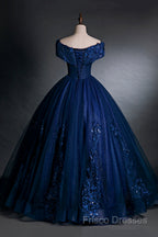 Blue Tulle Lace Long A-Line Ball Gown, Off The Shoulder Formal Party Dress
