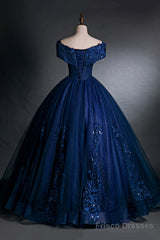 Blue Tulle Lace Long A-Line Ball Gown, Off The Shoulder Evening Party Dress