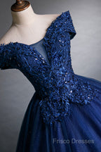 Blue Tulle Lace Long A-Line Ball Gown, Off The Shoulder Formal Party Dress