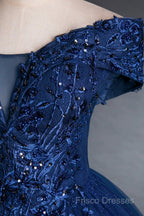 Blue Tulle Lace Long A-Line Ball Gown, Off The Shoulder Formal Party Dress