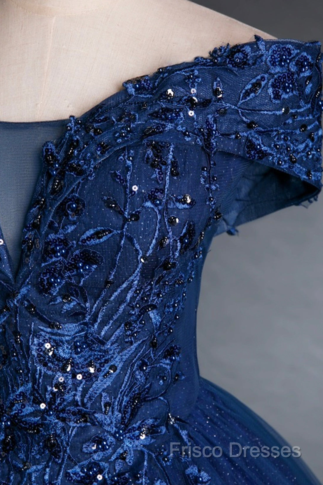 Blue Tulle Lace Long A-Line Ball Gown, Off The Shoulder Formal Party Dress