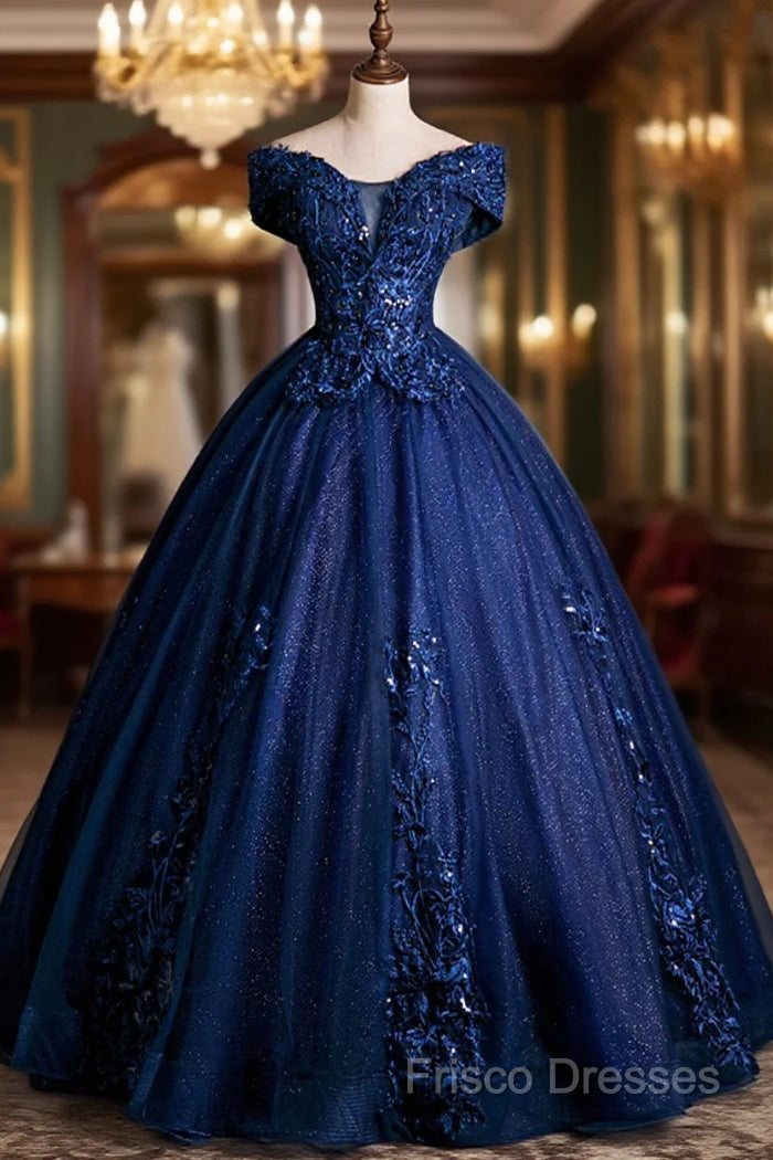 Blue Tulle Lace Long A-Line Ball Gown, Off The Shoulder Formal Party Dress Main image