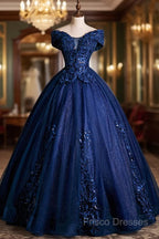 Blue Tulle Lace Long A-Line Ball Gown, Off The Shoulder Formal Party Dress