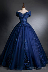 Blue Tulle Lace Long A-Line Ball Gown, Off The Shoulder Evening Party Dress