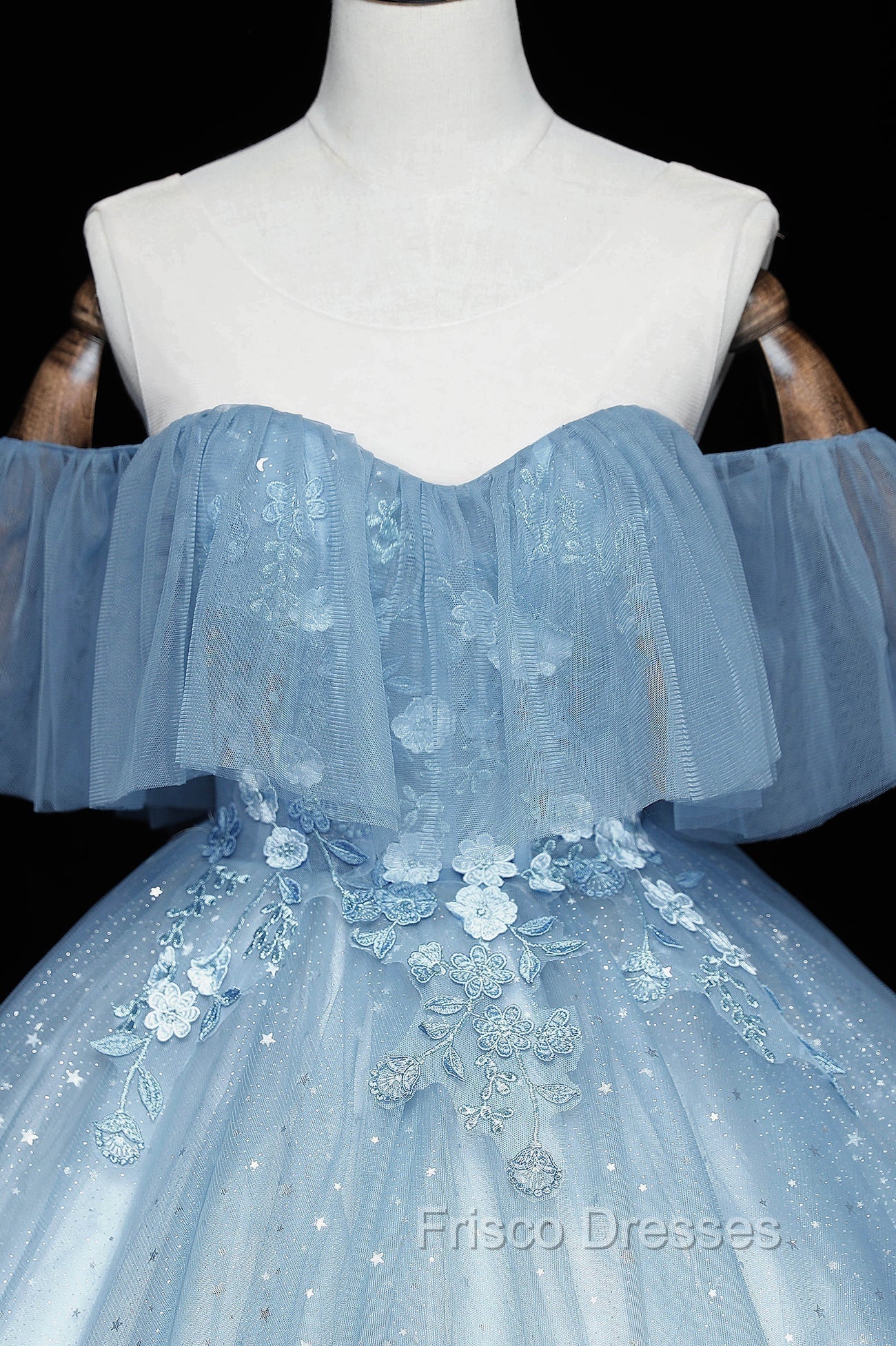 Blue Tulle Lace Long A-Line Ball Gown, Off the Shoulder Formal Evening Gown Secondary image