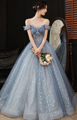 Blue Tulle Lace Long Prom Dress, Blue Lace Sweet 16 Dress